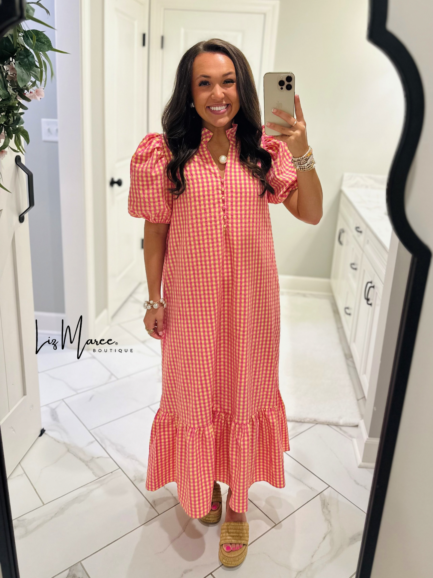 The Emilee Pink + Yellow Gingham Midi Dress
