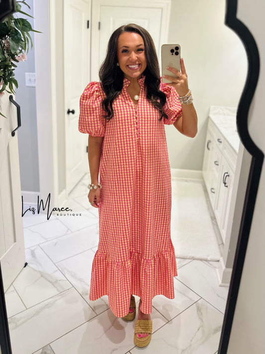 The Emilee Pink + Yellow Gingham Midi Dress