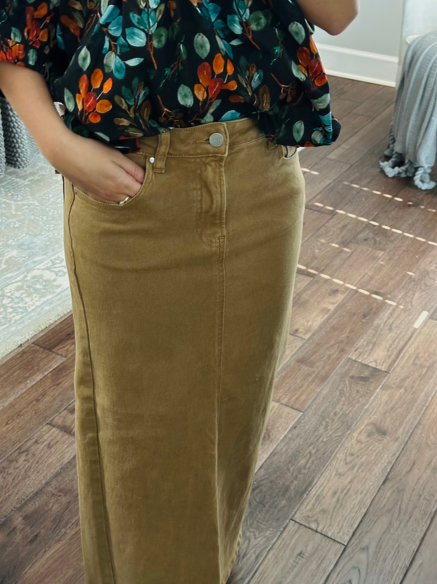 The Mocha High Rise Back Slit Long Denim Skirt