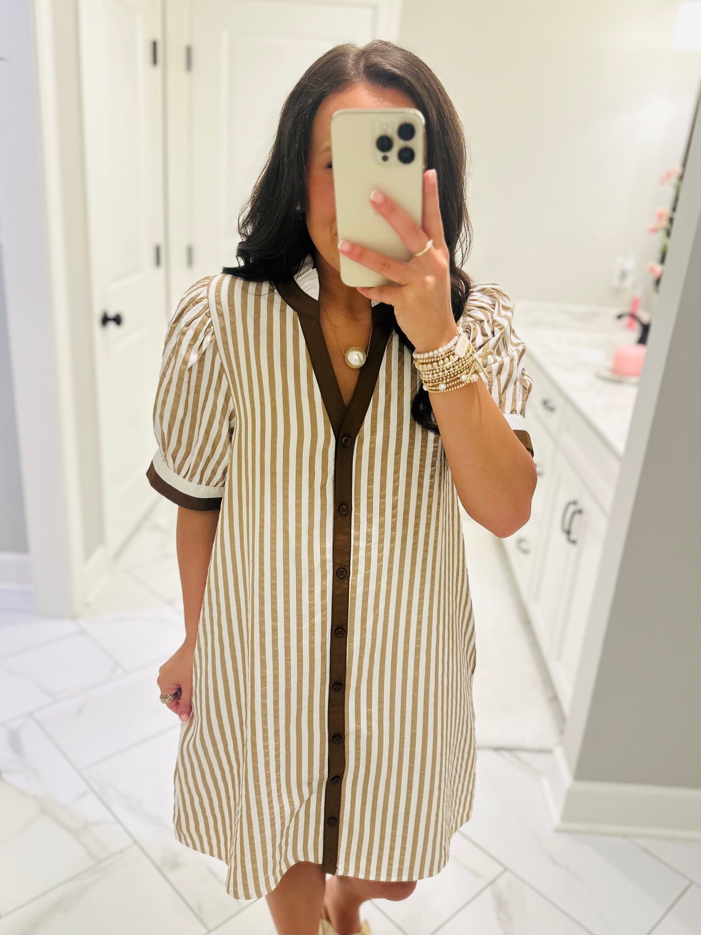The Teagan Taupe Striped Dress