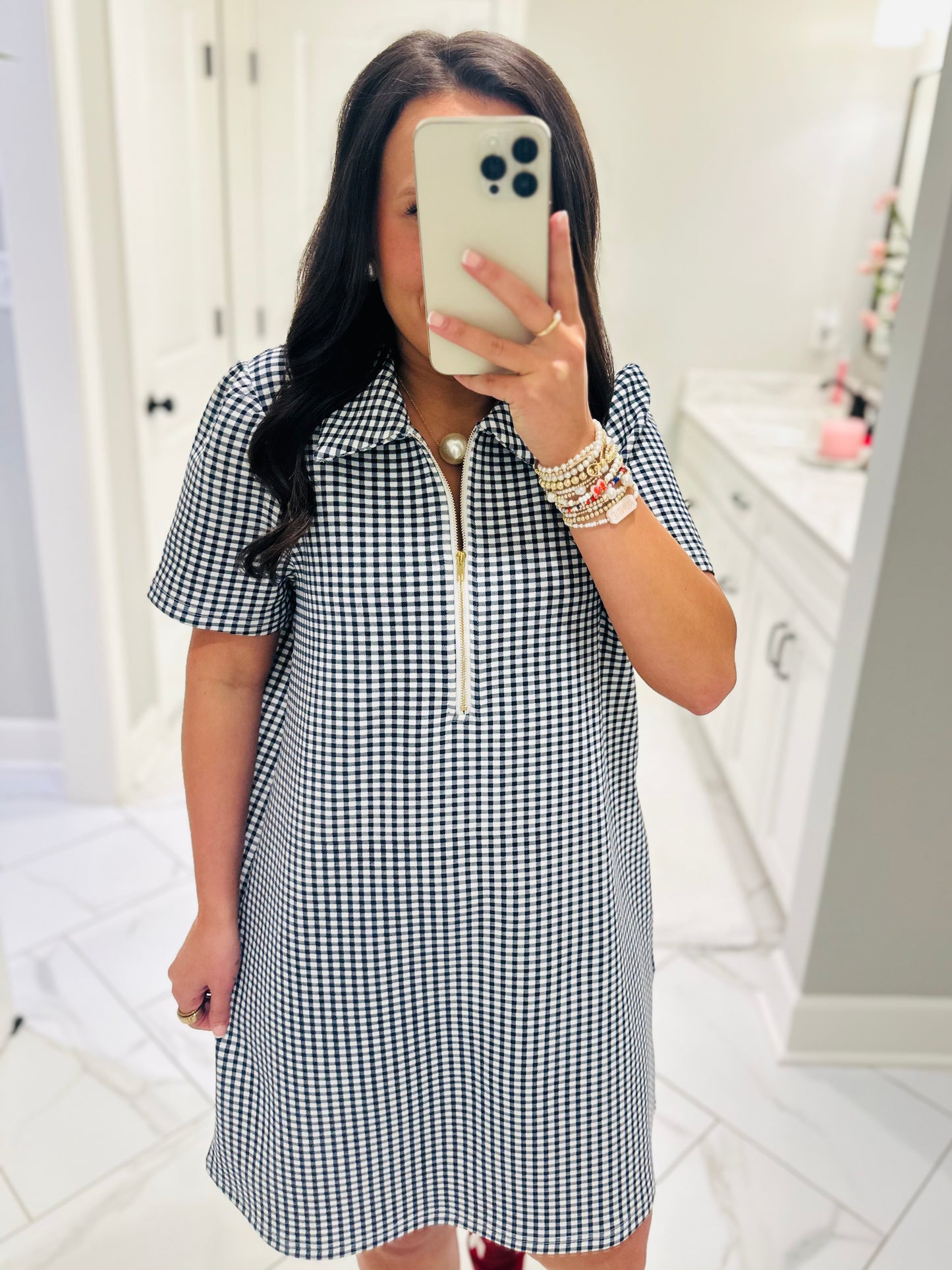 The Lee Navy Gingham Quarter Zip Dress