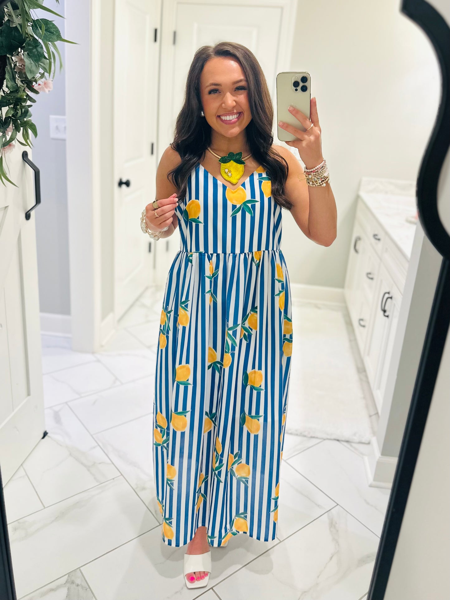 The Cass Blue Striped Lemon Midi Dress