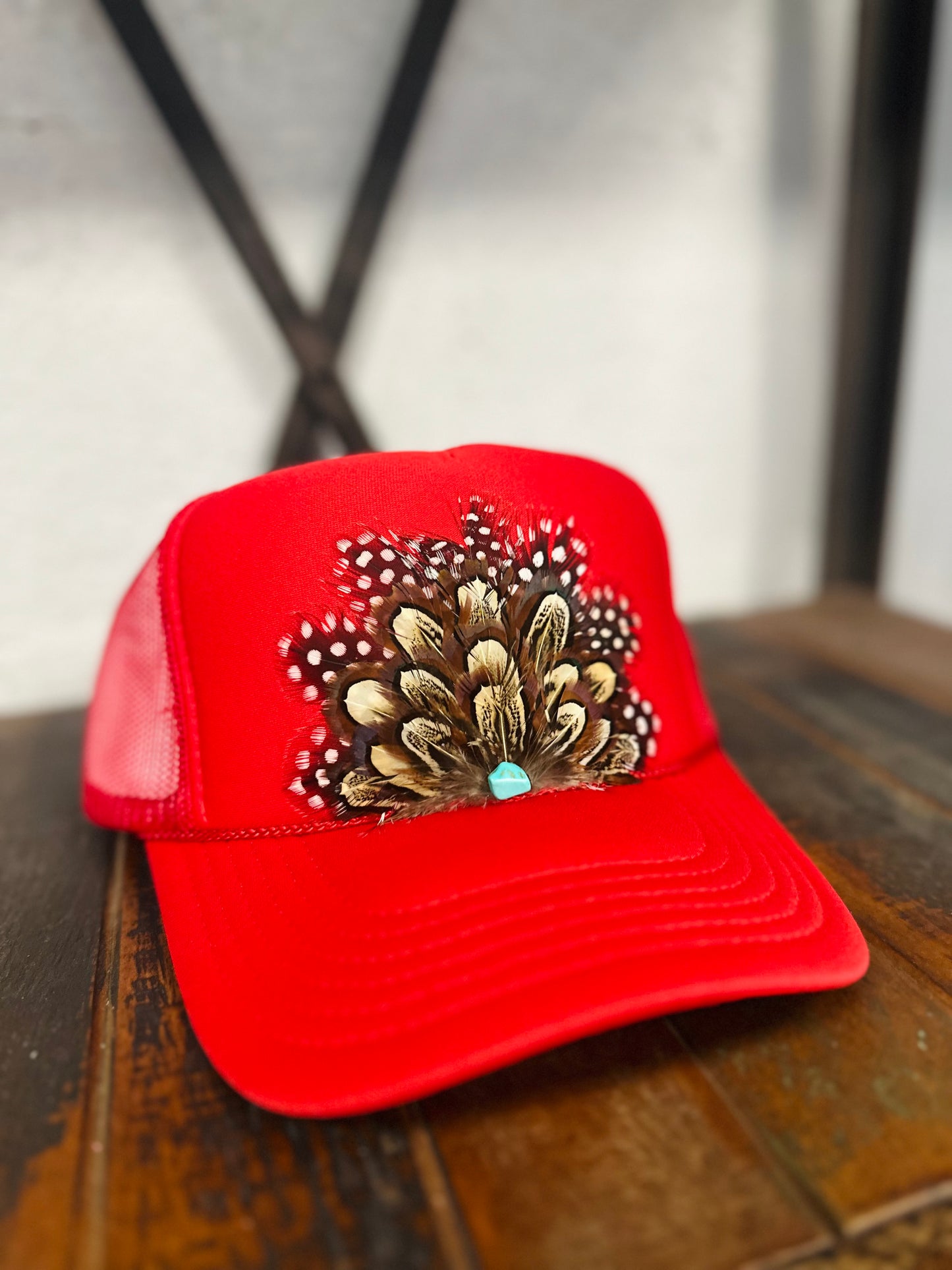 Red Feather + Turquoise Stone Trucker Hat