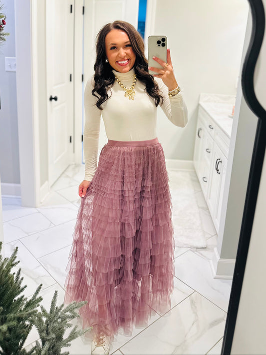 The Adeline Mauve Ruffle Tulle Tiered Maxi Skirt