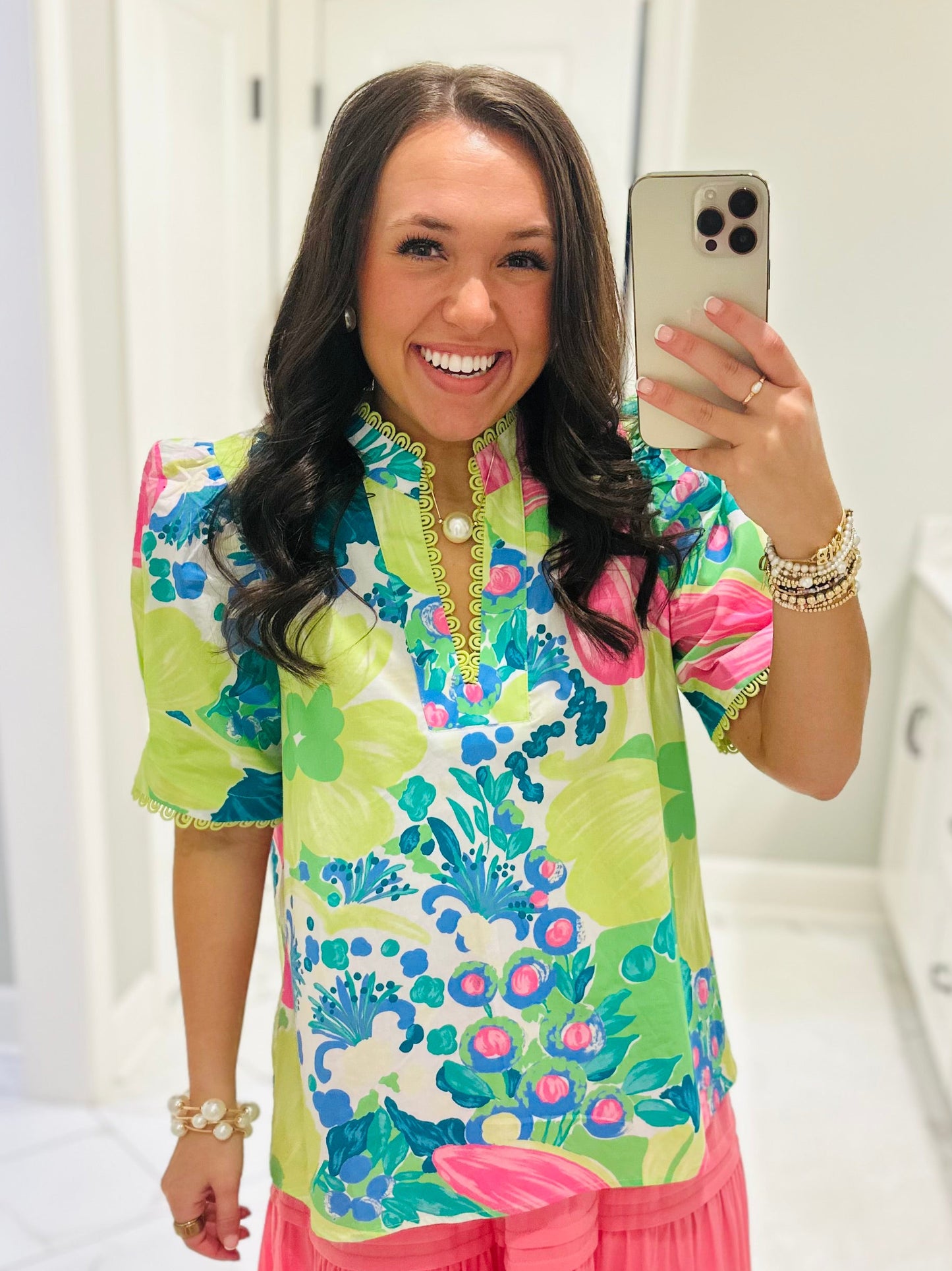 The Remi Lime Green Floral Scallop Trim Top