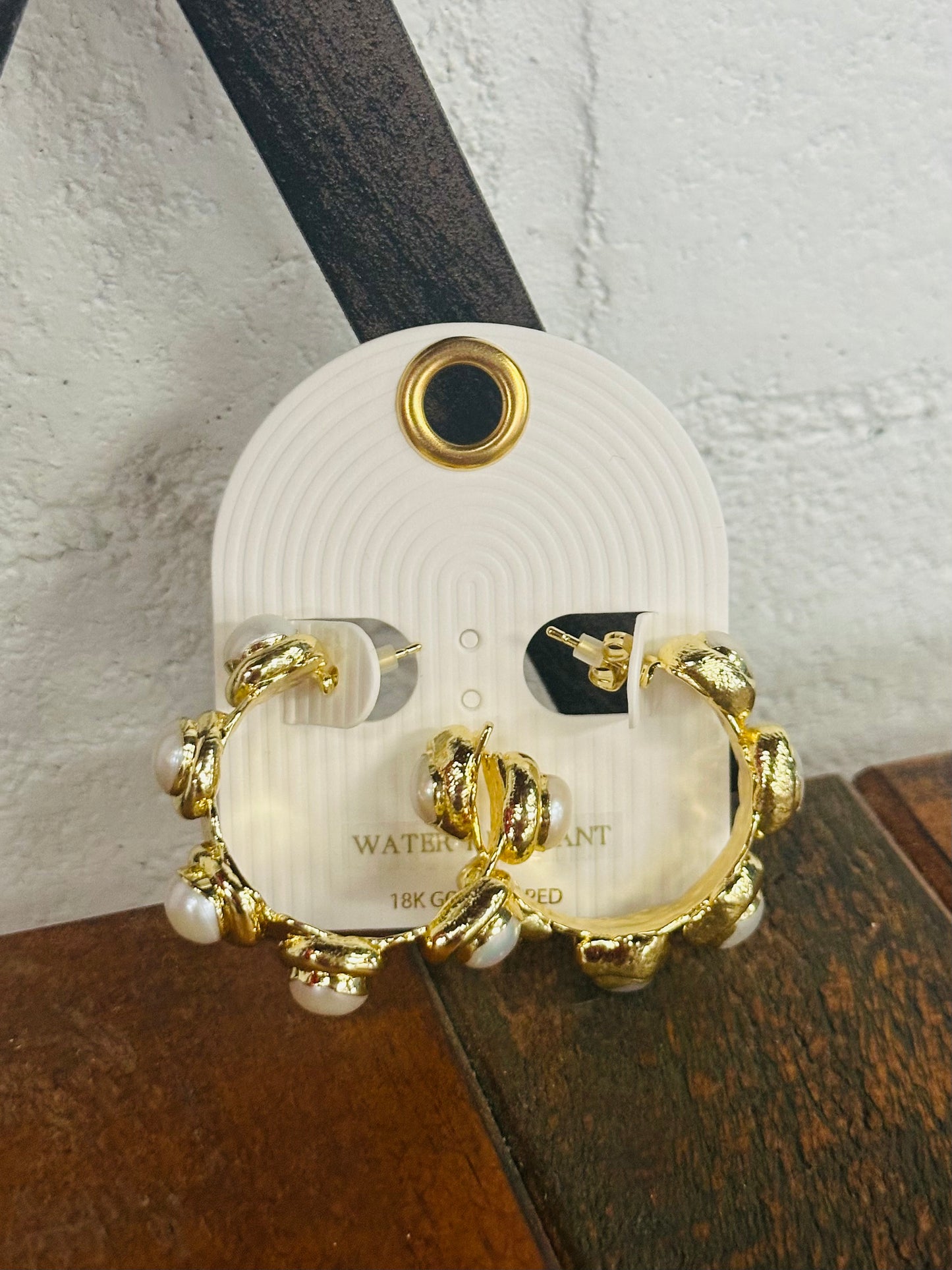 18K Gold Dipped Cream + Gold Pearl Station Hoops