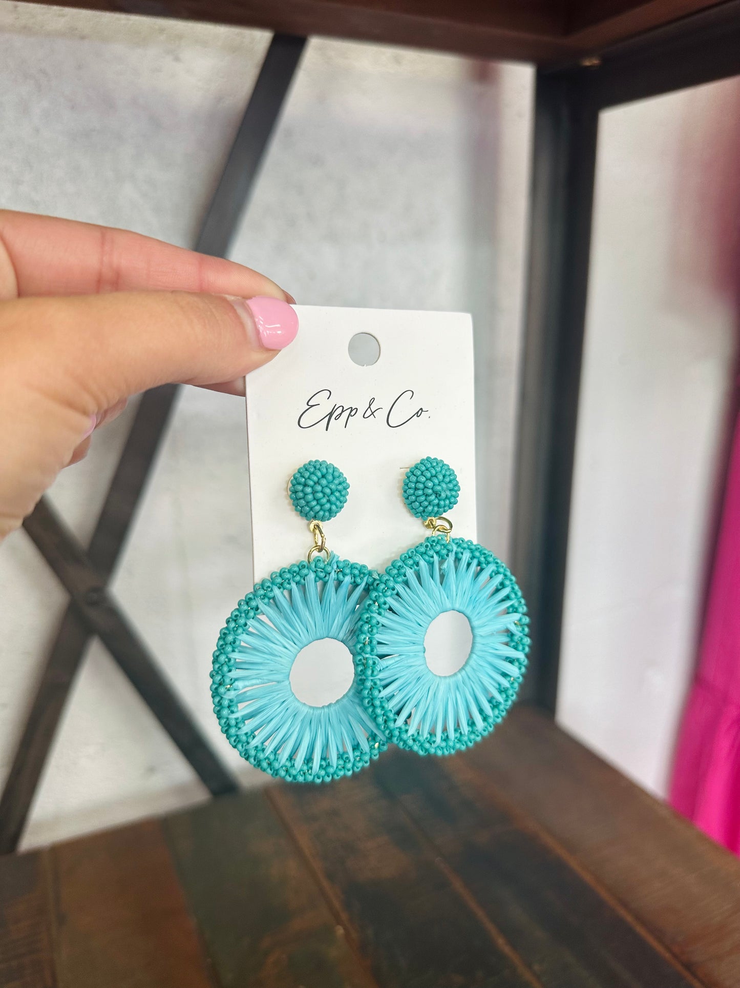 Teal Beaded Raffia Circle Drops