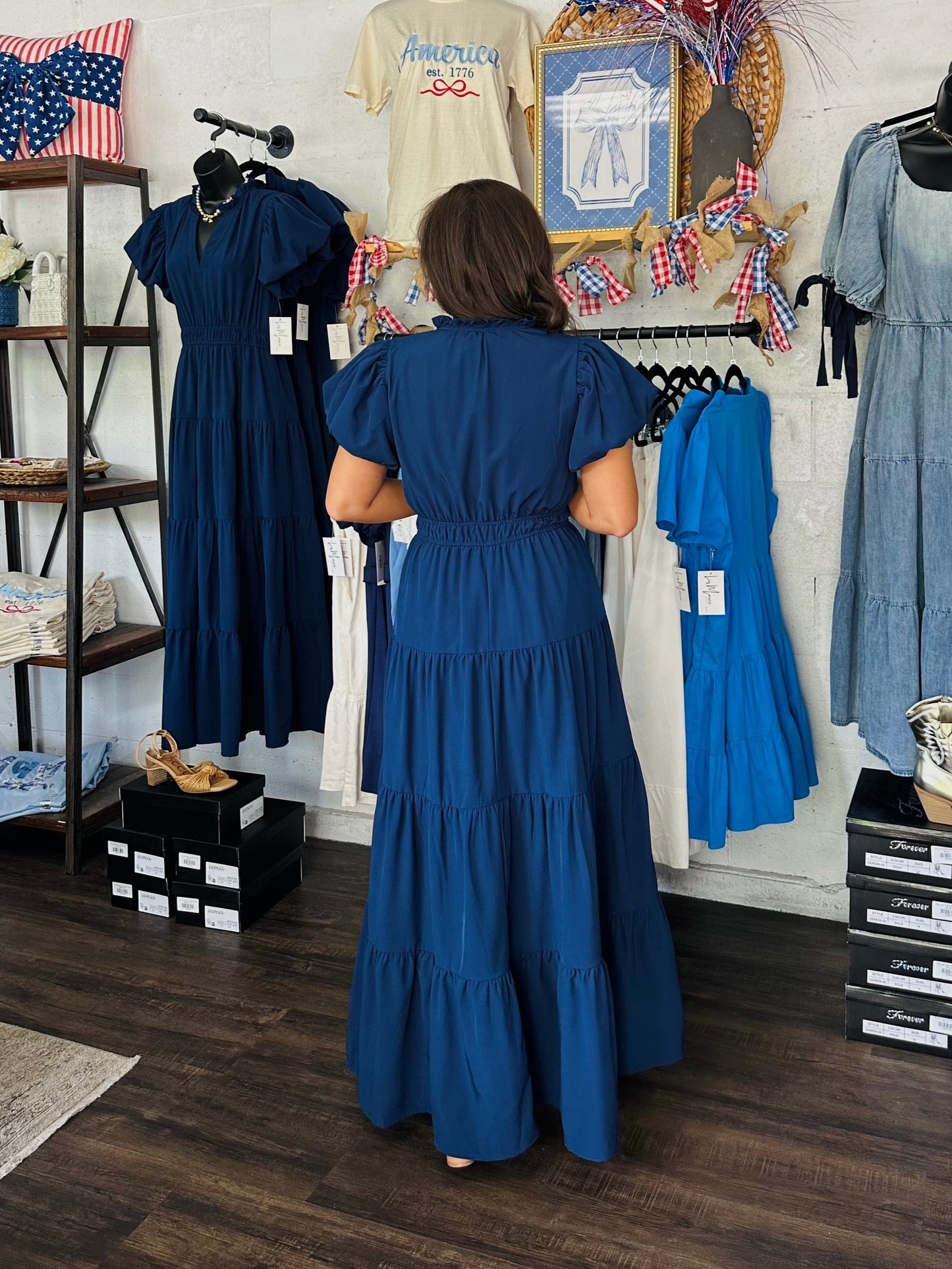 The Elizabeth Navy Puff Sleeve Midi Dress
