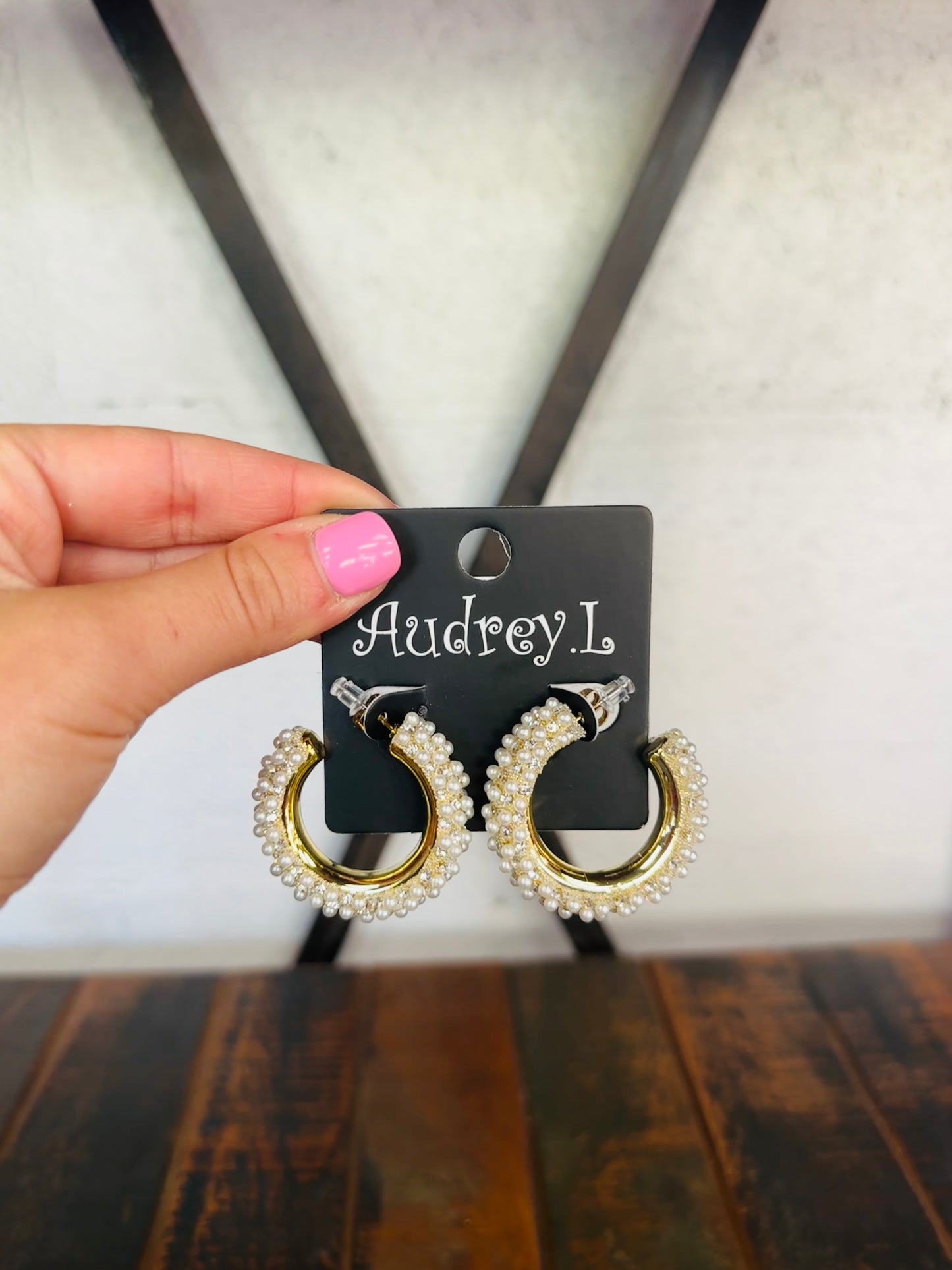 Gold + Cream Pearl Rhinestone Hoop Earring