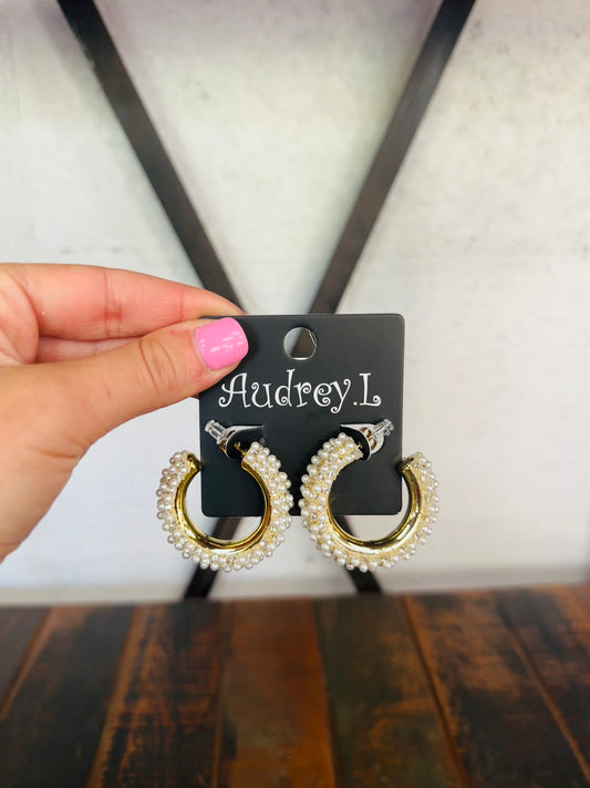Gold + Cream Pearl Rhinestone Hoop Earring