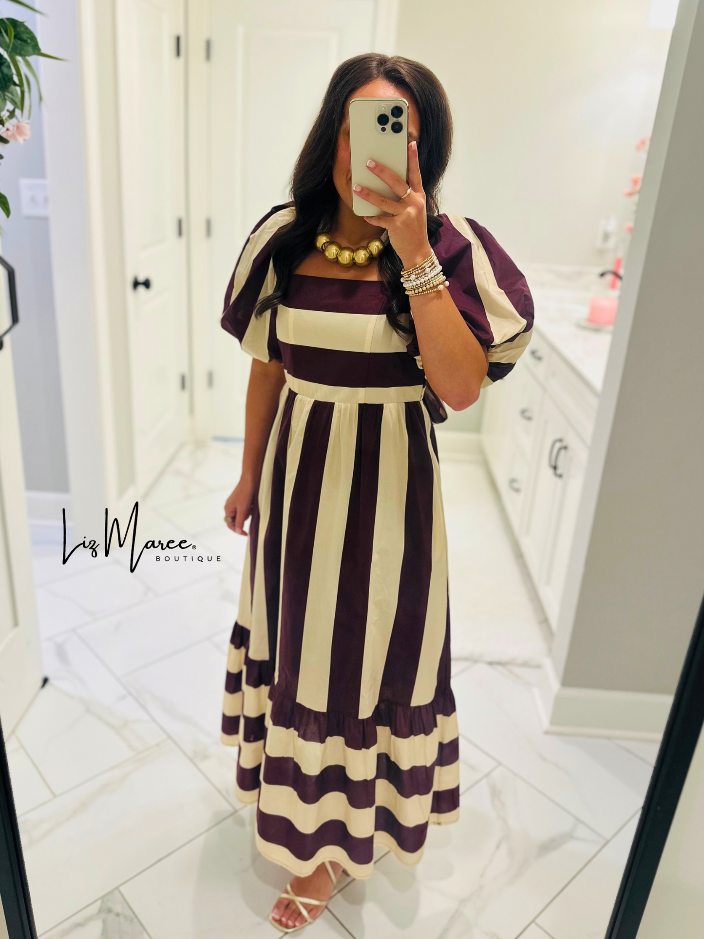 The Danyale Merlot Striped Bow Midi Dress
