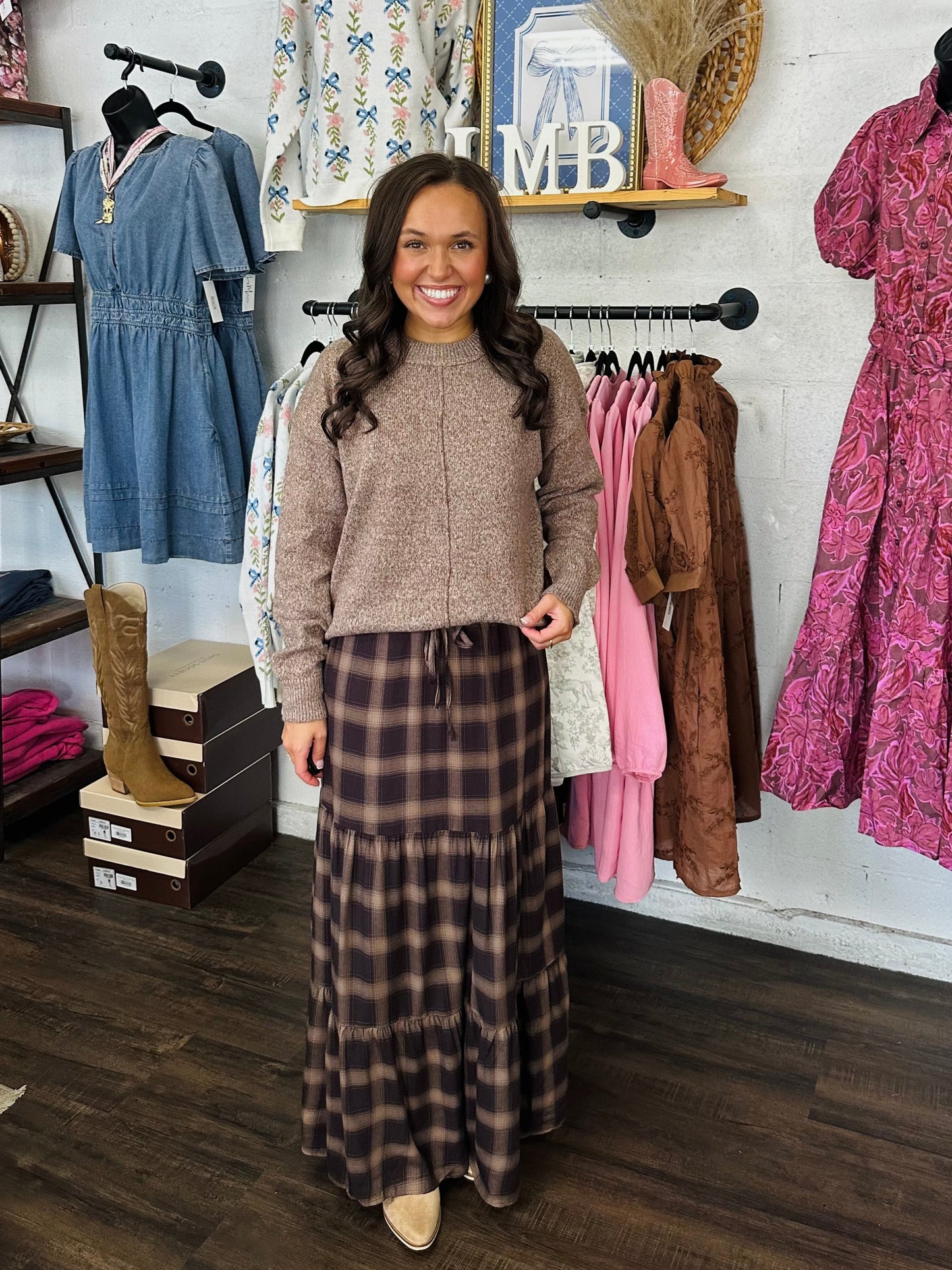 The Ember Brown Plaid Tiered Maxi Skirt