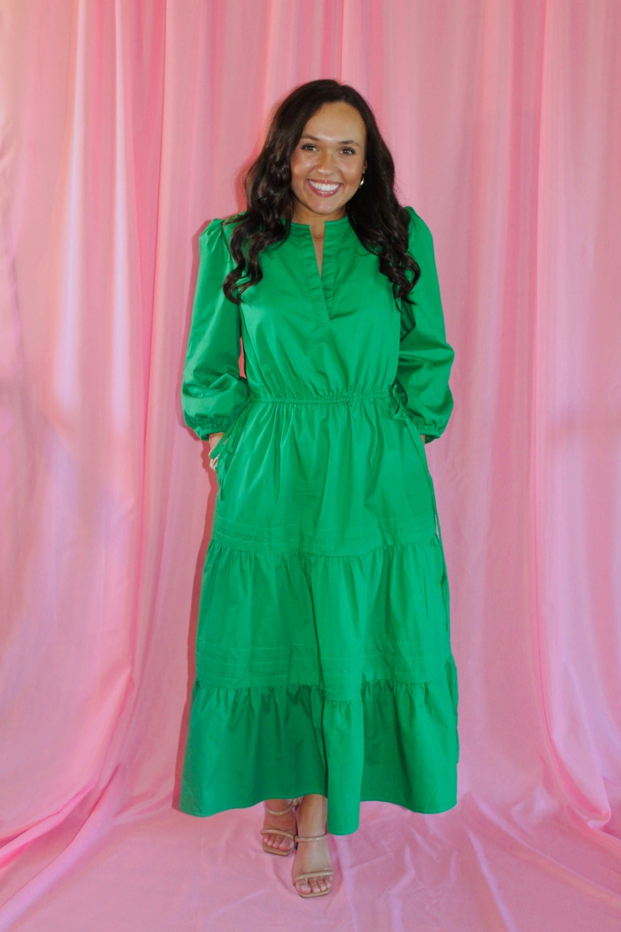 The Jayde Kelly Green Poplin Tiered Midi Dress