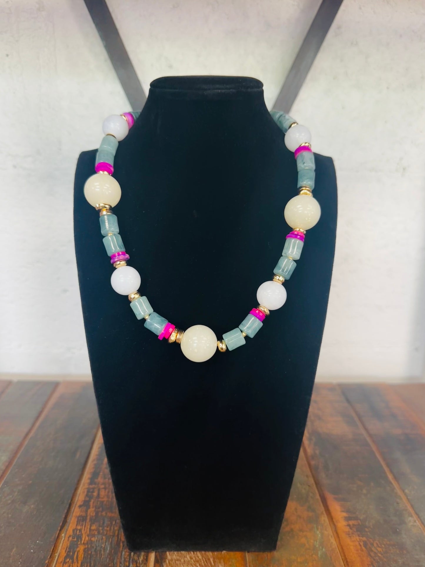 White Stone Ball Mixed Beaded Necklace