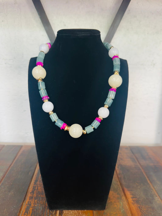 White Stone Ball Mixed Beaded Necklace