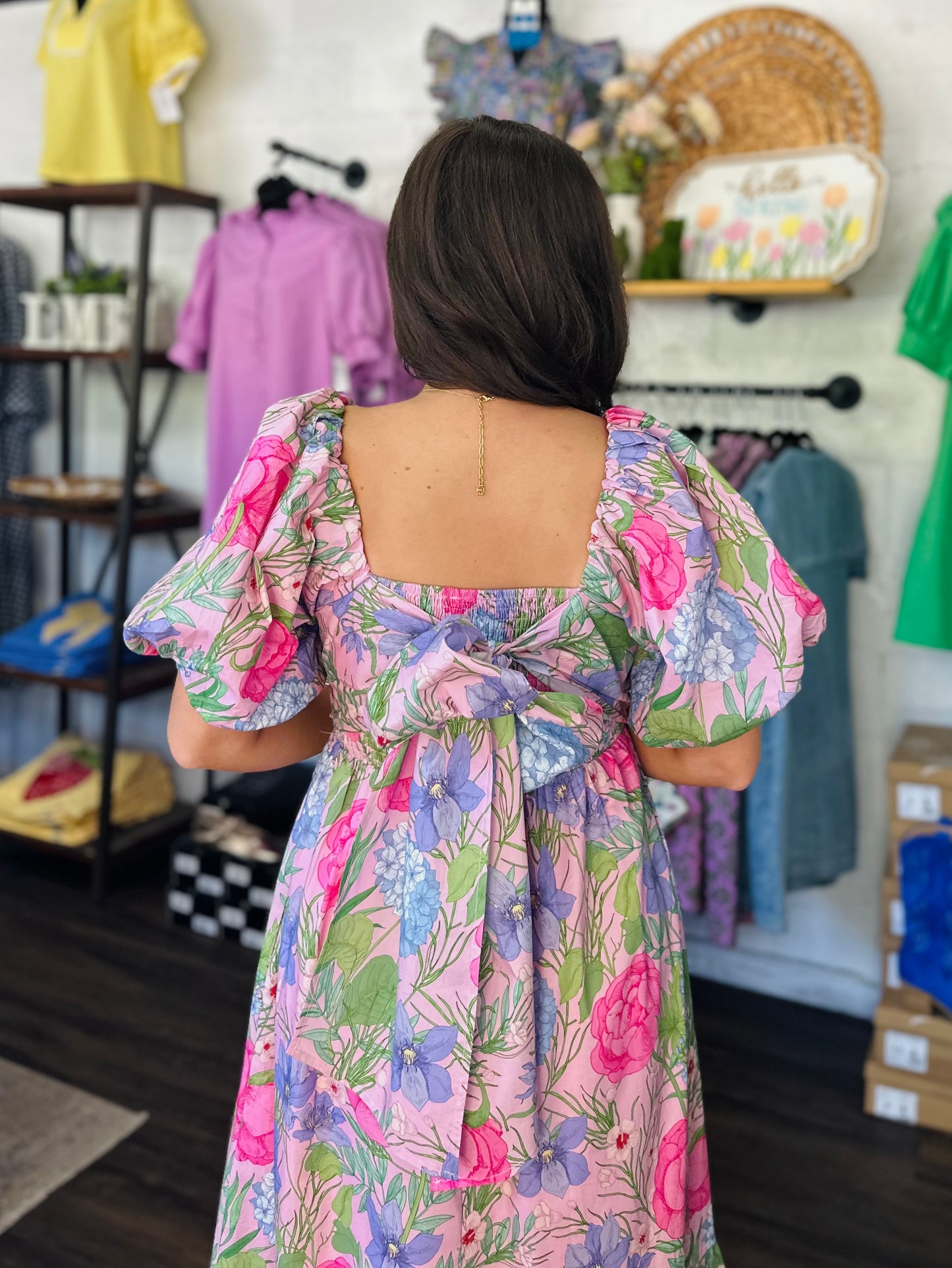 The Danyale Pink Floral Bow Midi Dress