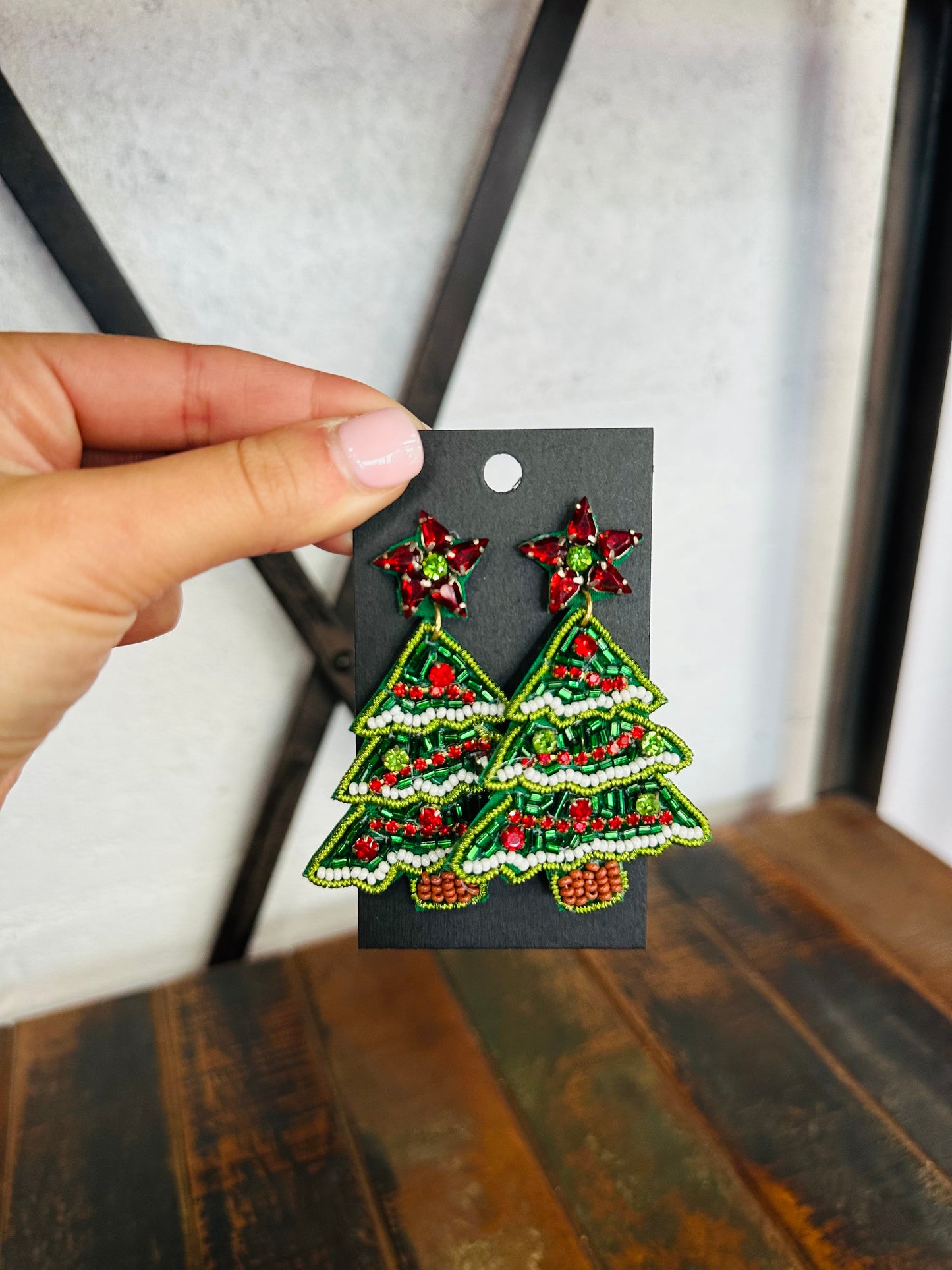 Green + Red Christmas Tree Beaded Earring