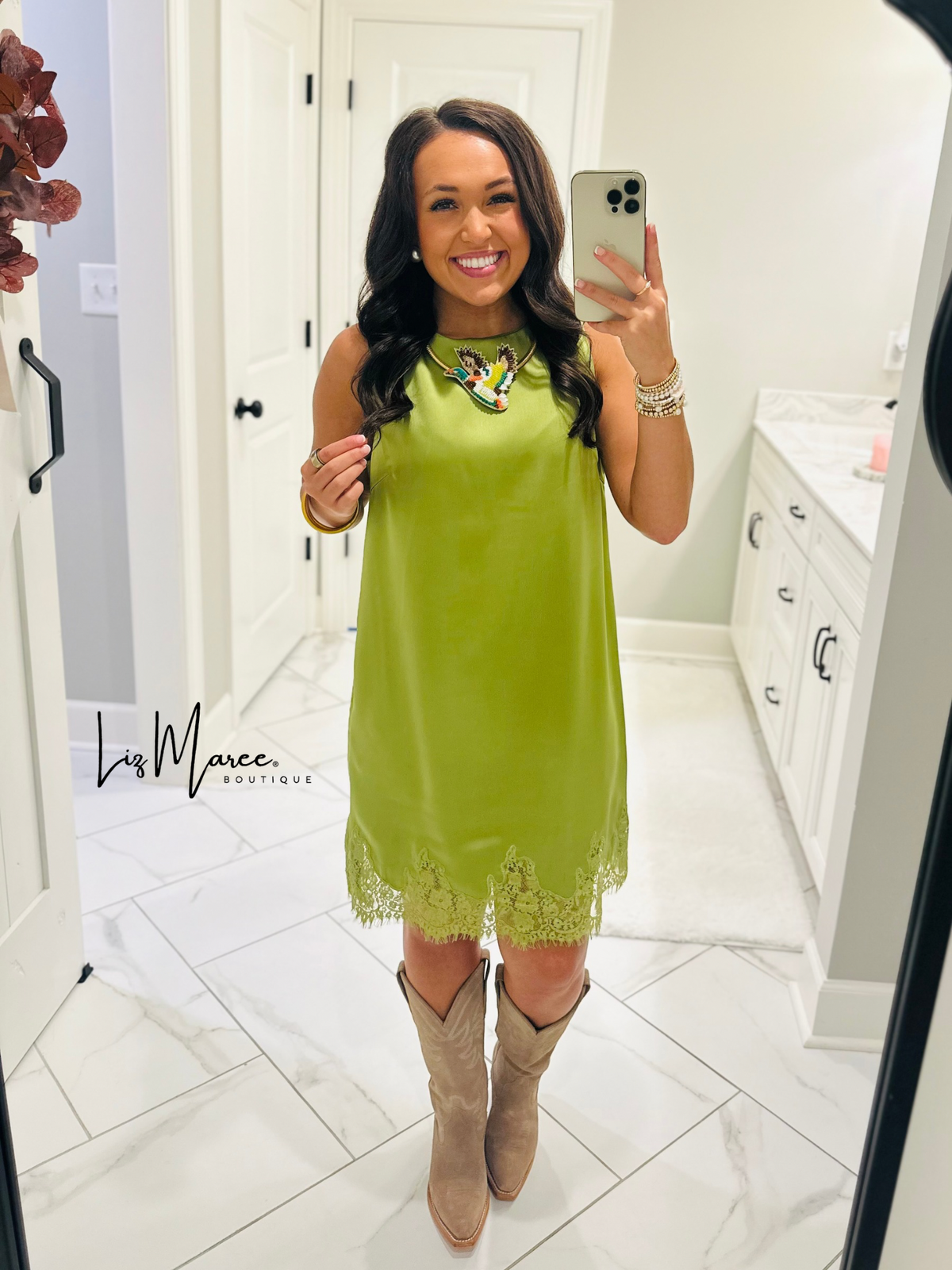 The Lola Olive Green Satin Lace Dress