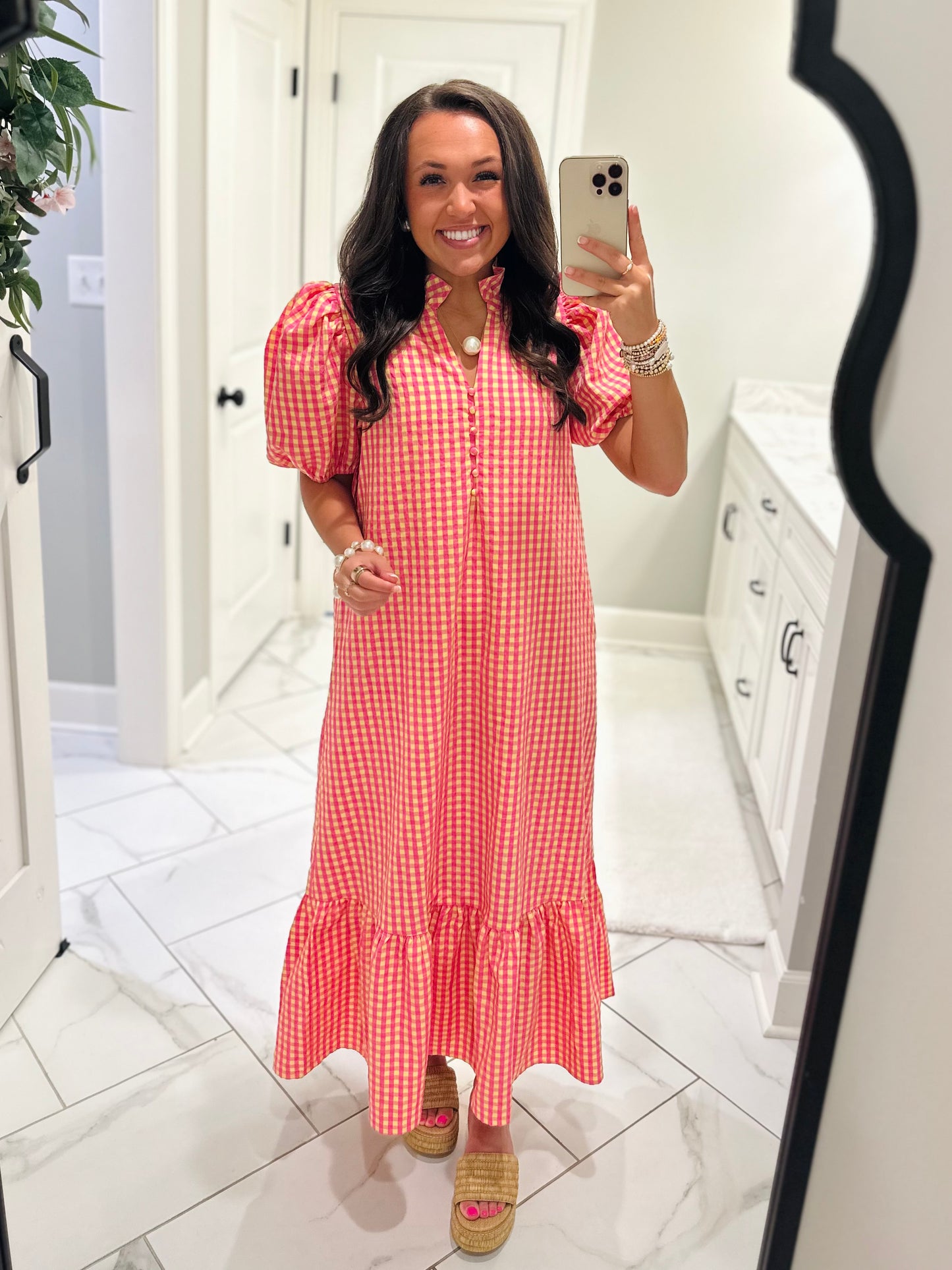 The Emilee Pink + Yellow Gingham Midi Dress