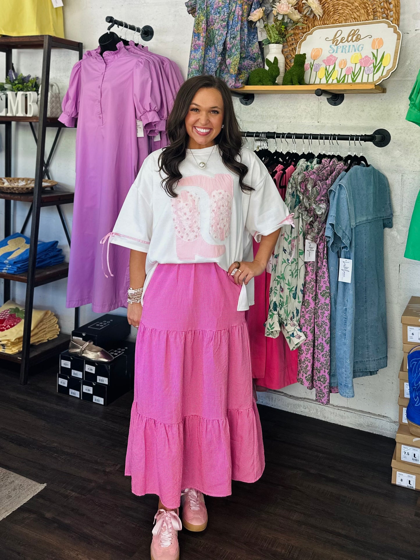 The Paisley Pink Patchwork + Gingham Cowboy Boot Tee