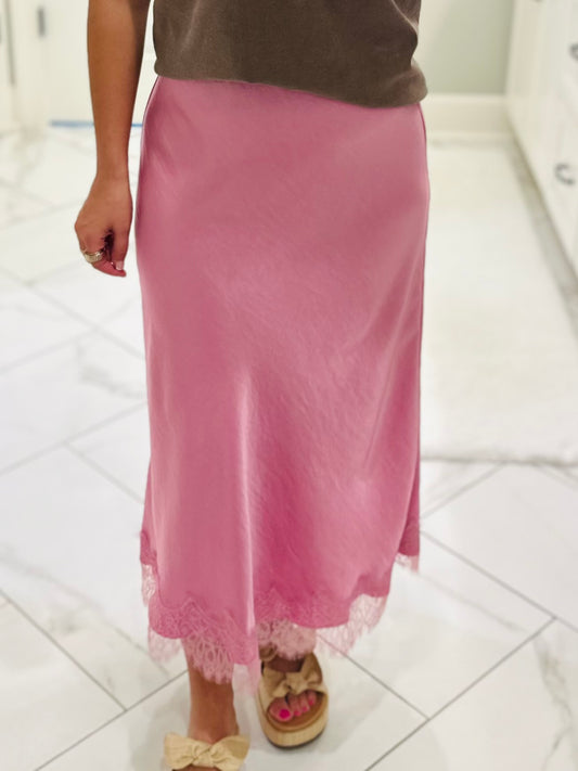 The Laney Pink Satin Lace Midi Skirt