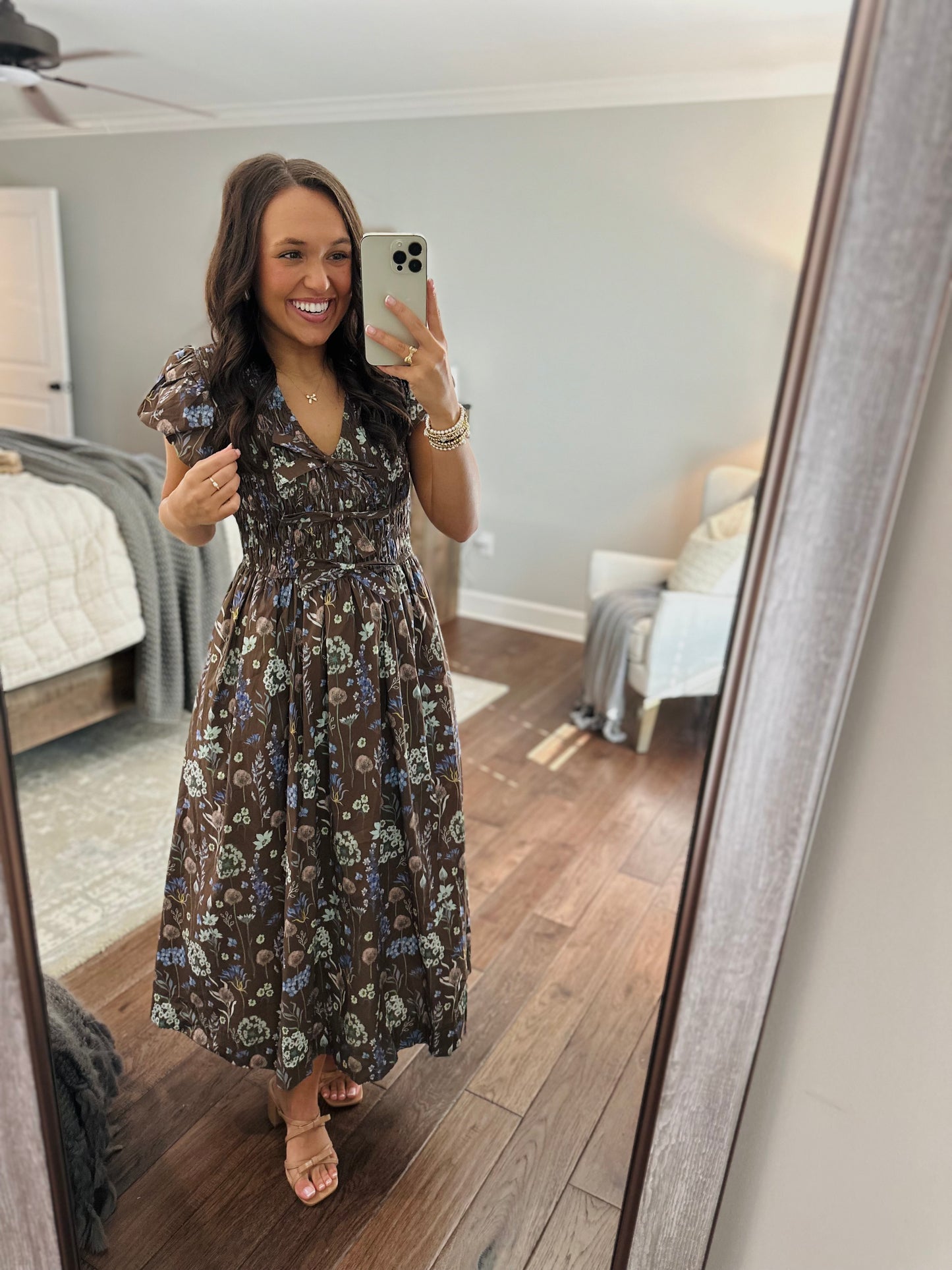 The Stella Brown Floral Bow Front Midi Dress