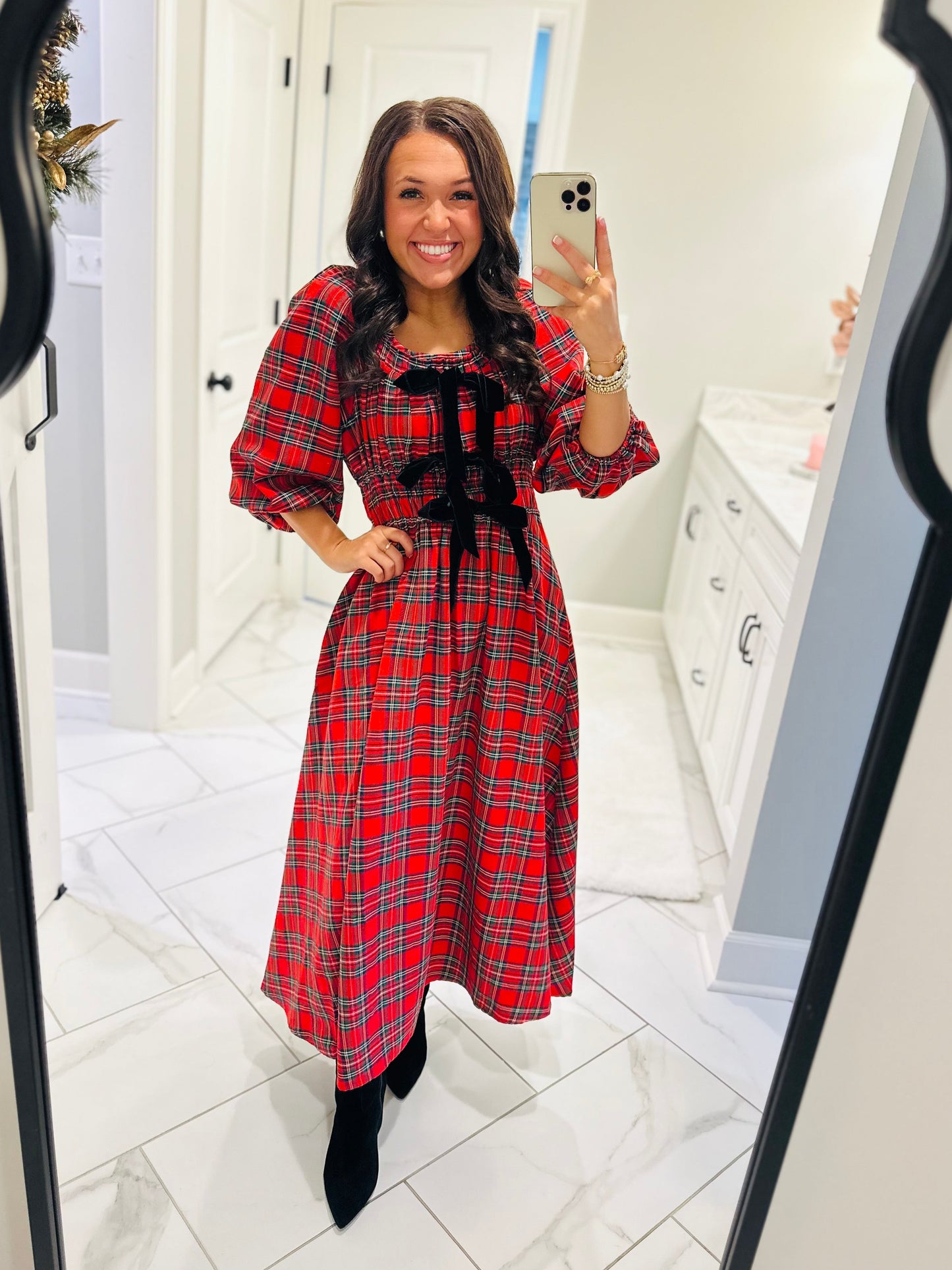 The Eve Red Holiday Plaid Bow Midi Dress