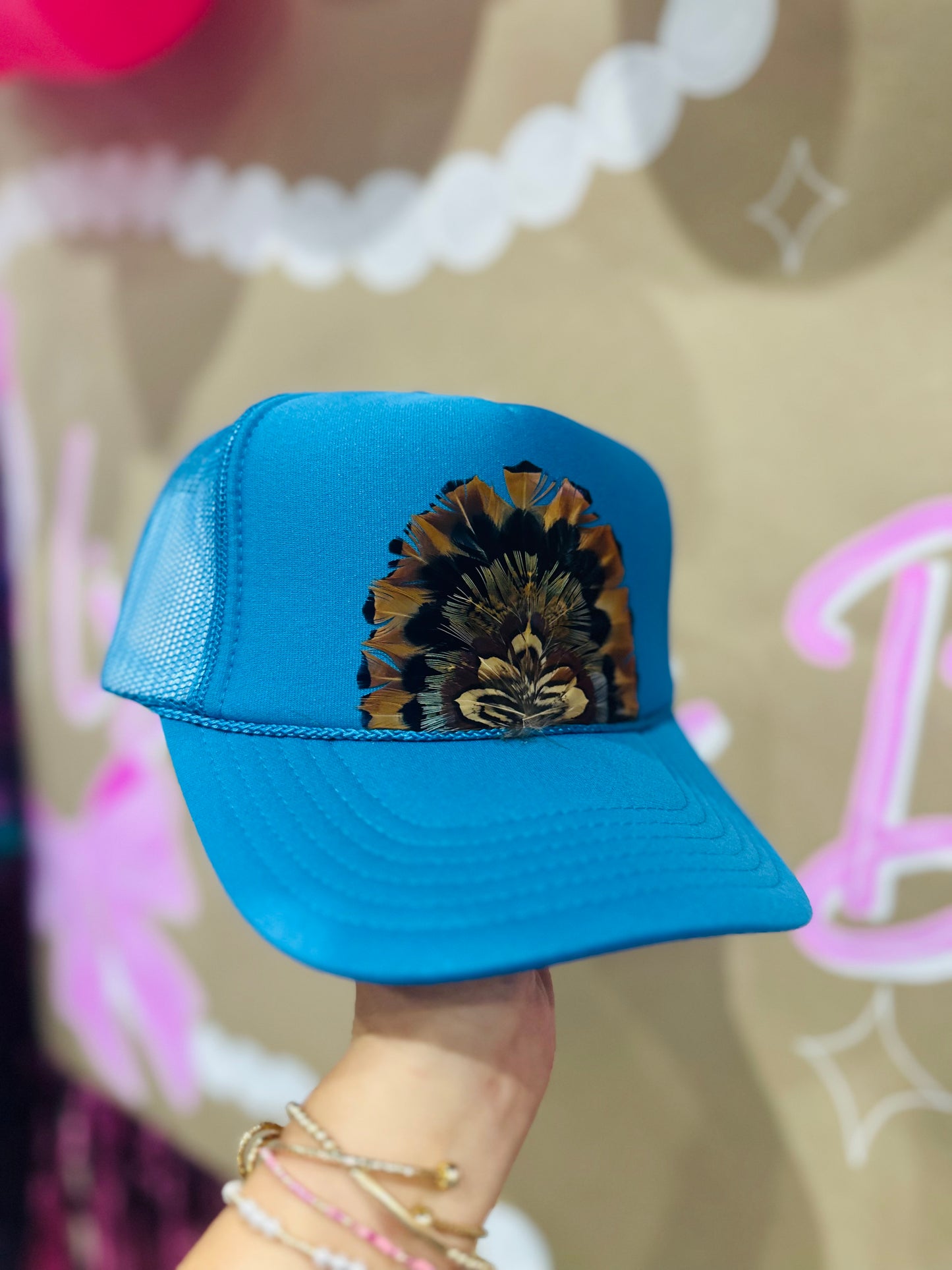 Aqua Blue Feather Trucker Hat
