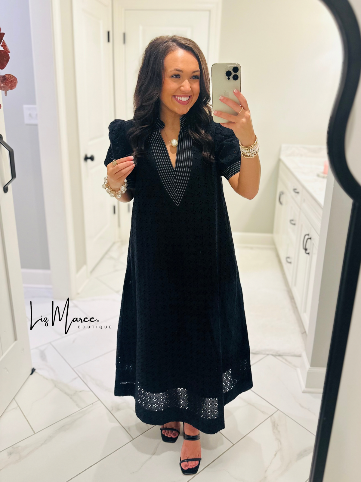 The Adley Black Eyelet Midi Dress