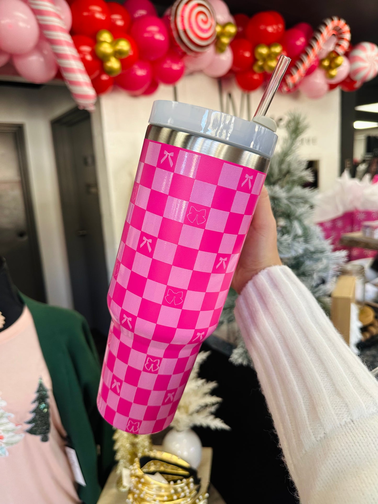 Fuchsia Bow & Checkered Print 40oz Tumbler