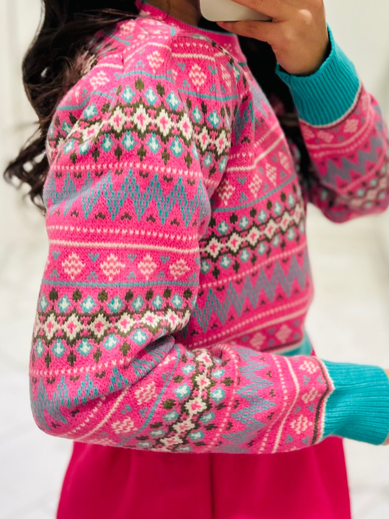 The Alya Hot Pink Fair Isle Print Cropped Sweater