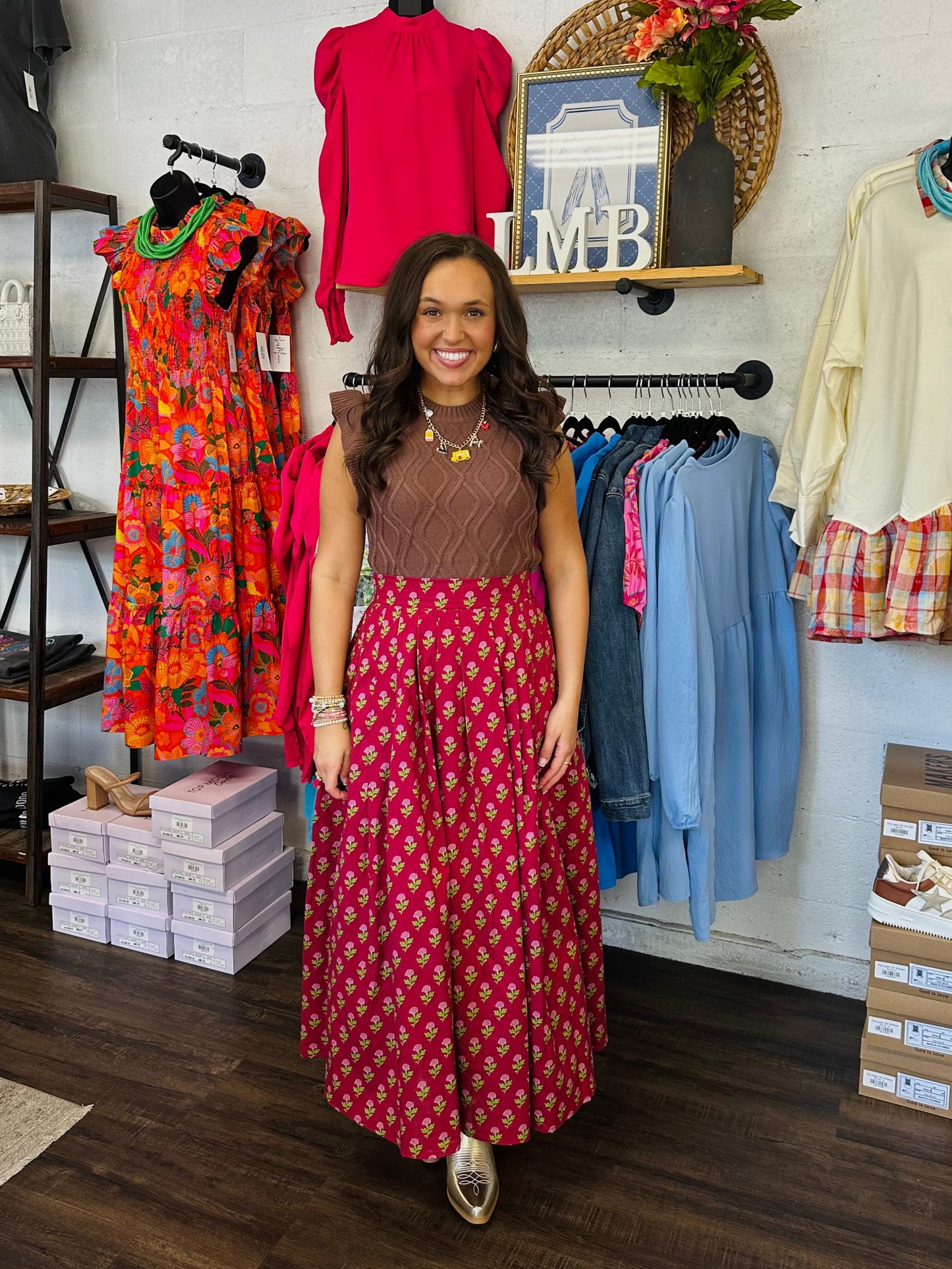 The Austin Burgundy Floral Midi Skirt