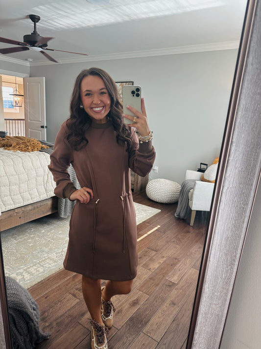 The Mocha Jersey Knit Long Sleeve Drawstring Dress
