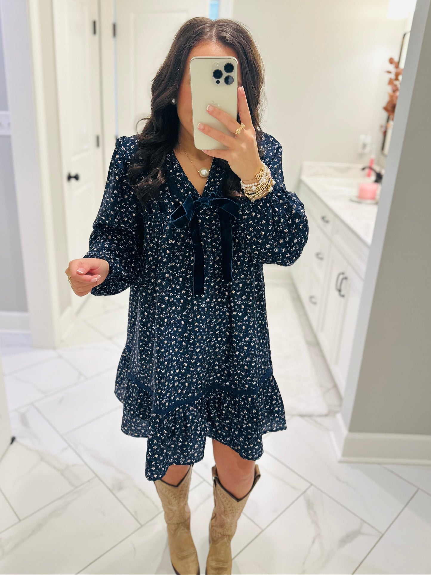 The Rhea Navy Floral Long Sleeve Bow Detail Dress