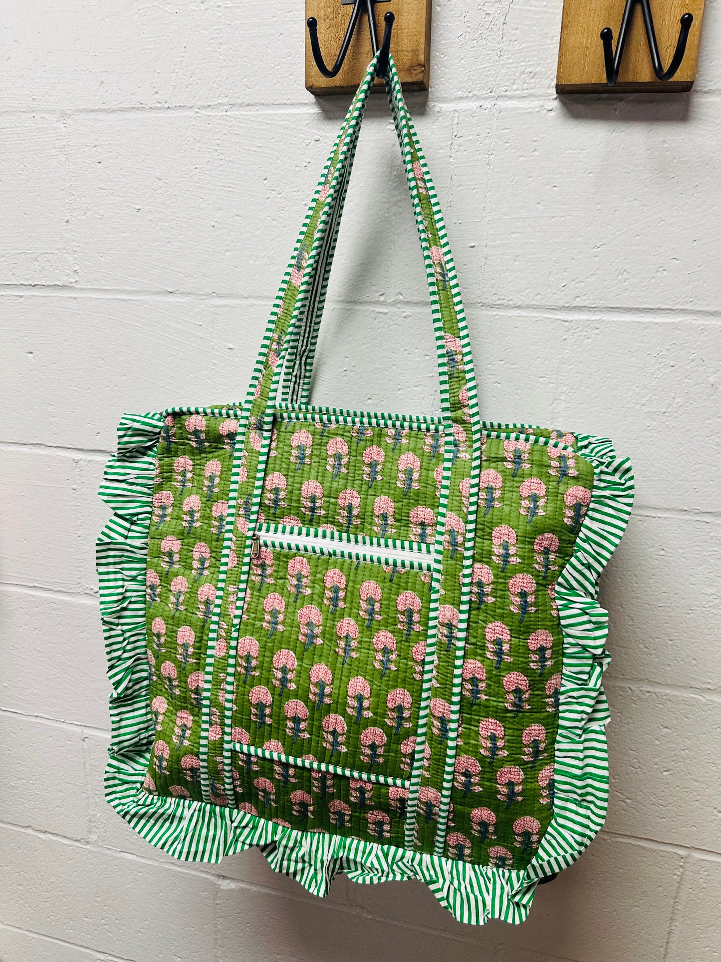 The Green Vintage Floral Ruffle Quilted Tote Bag