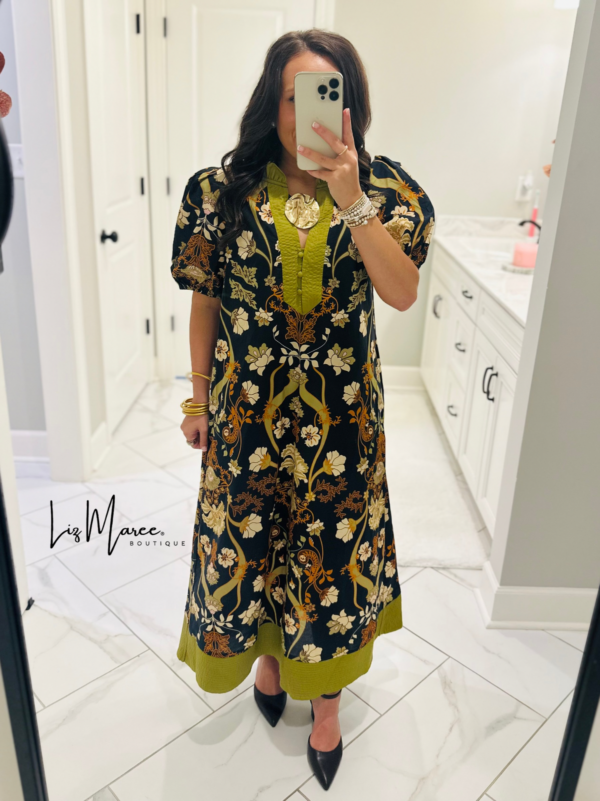 The Francesca Black + Olive Green Floral Midi Dress