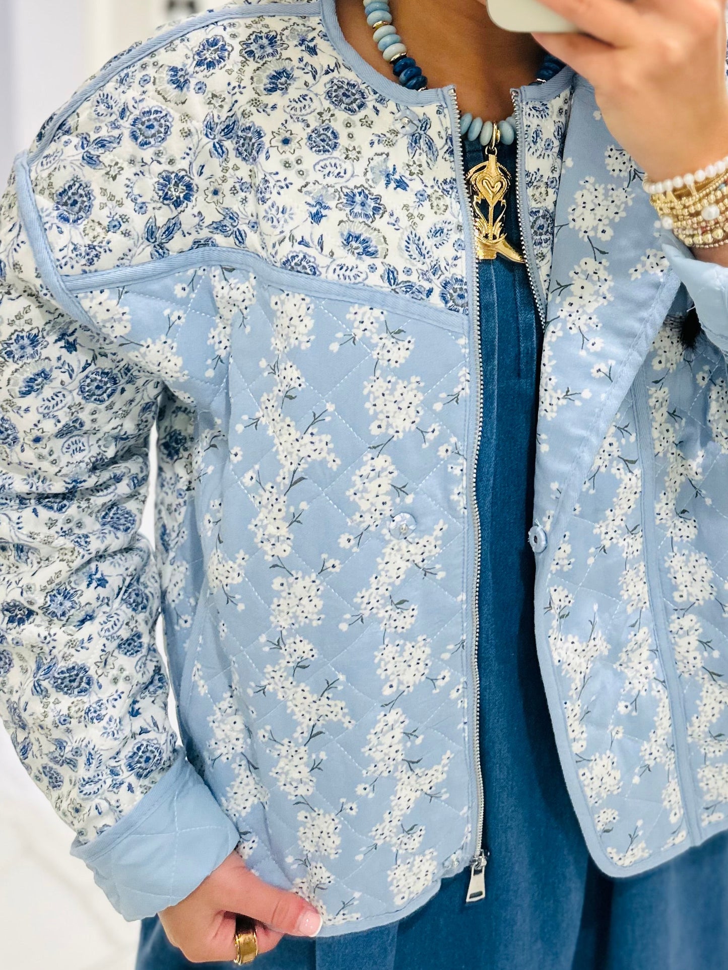 The Amelia Blue Floral Quilted Jacket