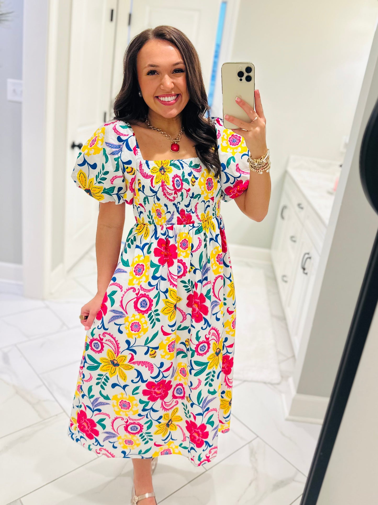 The Kes White Floral Smocked Midi Dress
