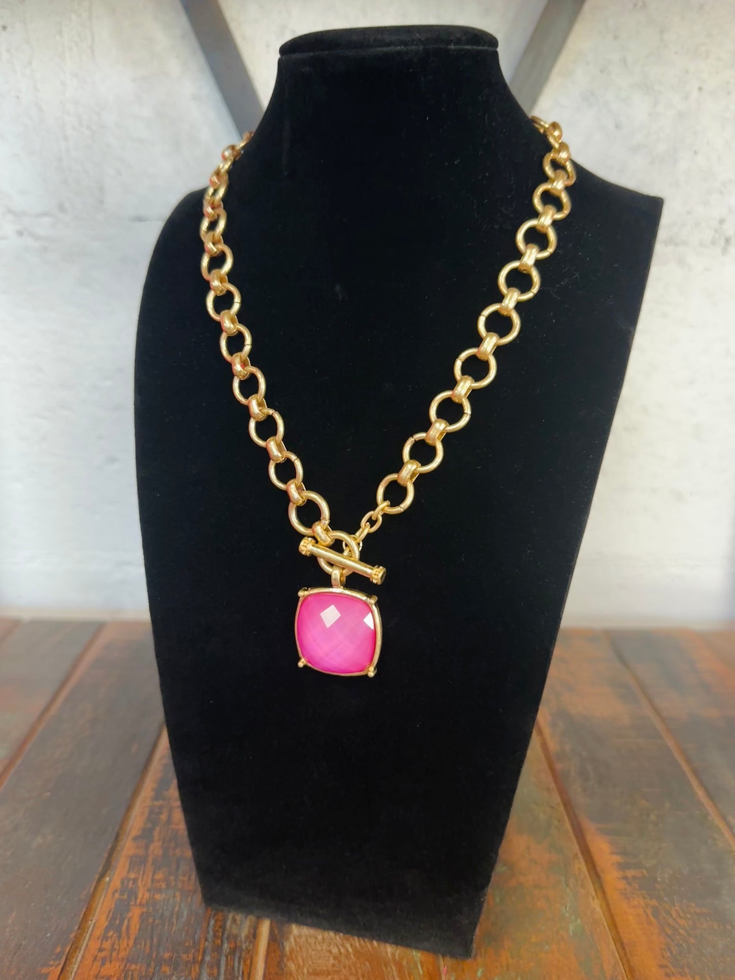 Pink Square Stone Pendant Necklace