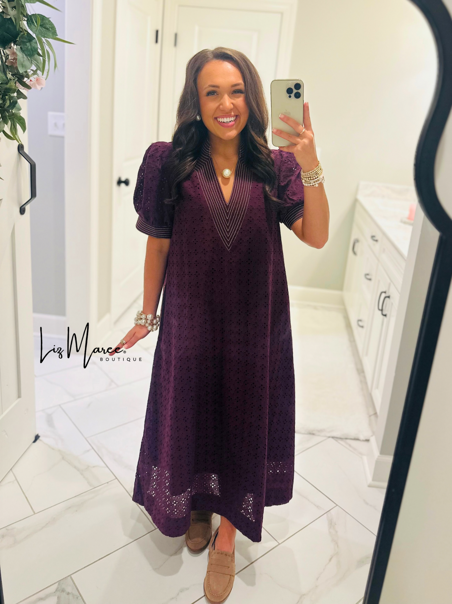 The Adley Merlot Eyelet Midi Dress