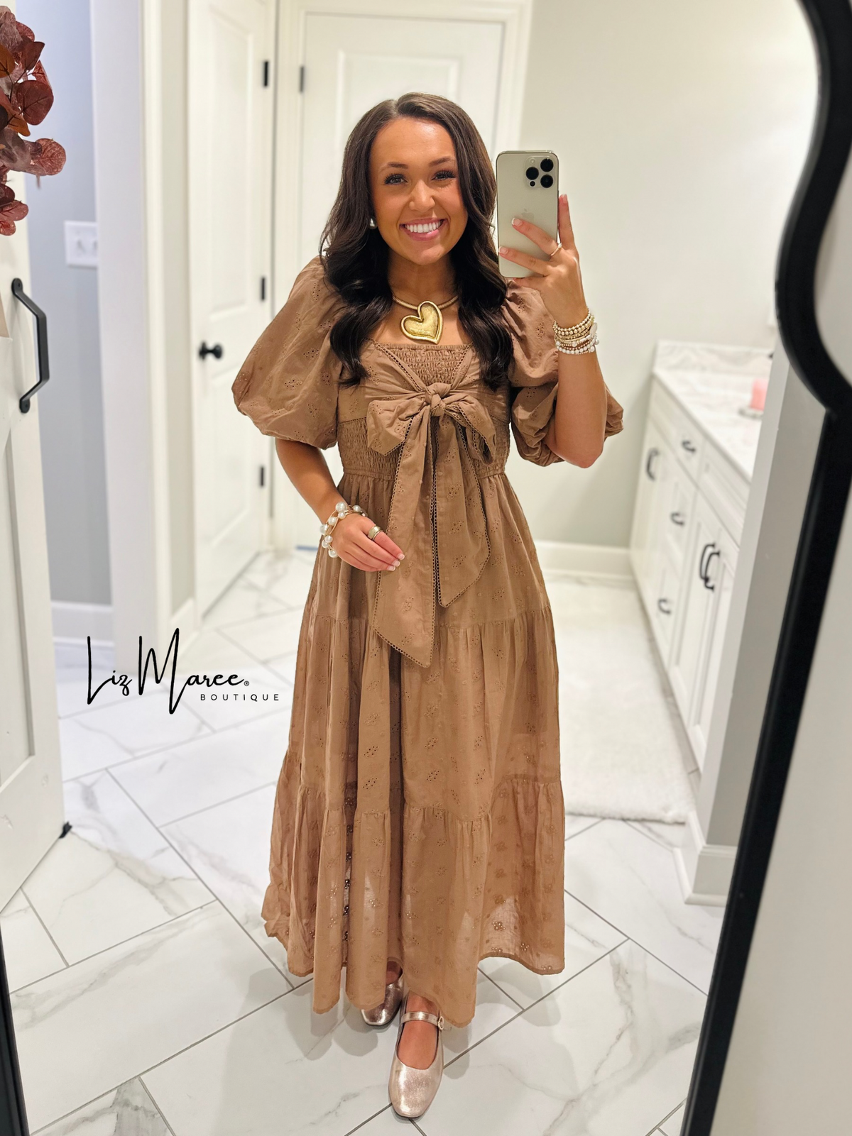 The Isabelle Light Brown Eyelet Bow Midi Dress