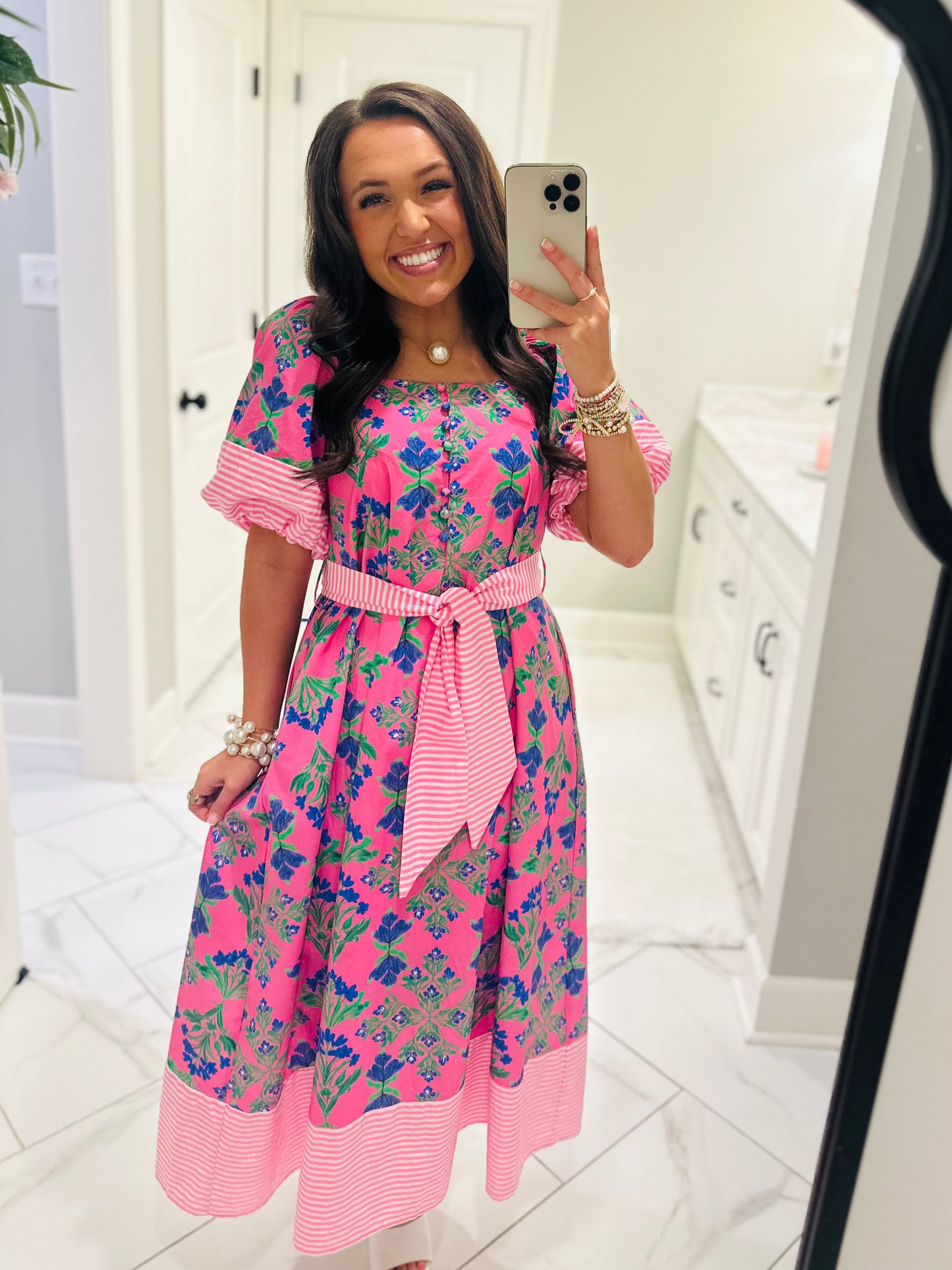 The Harlee Pink Botanical Midi Dress