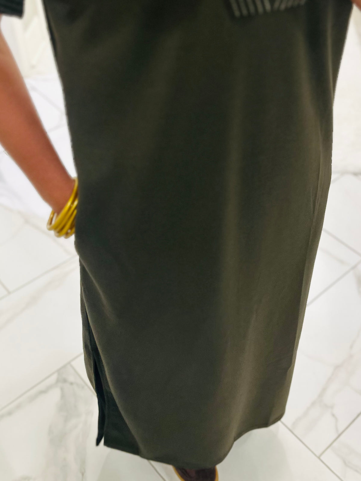 The Parker Olive Collared Stitch Midi Dress