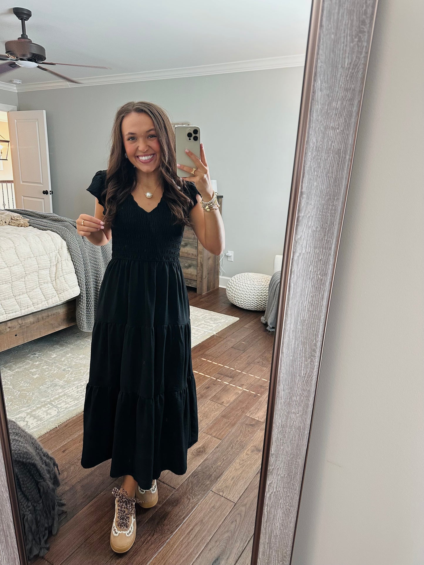The Maple Black Flutter Sleeve Smocked Midi Dress