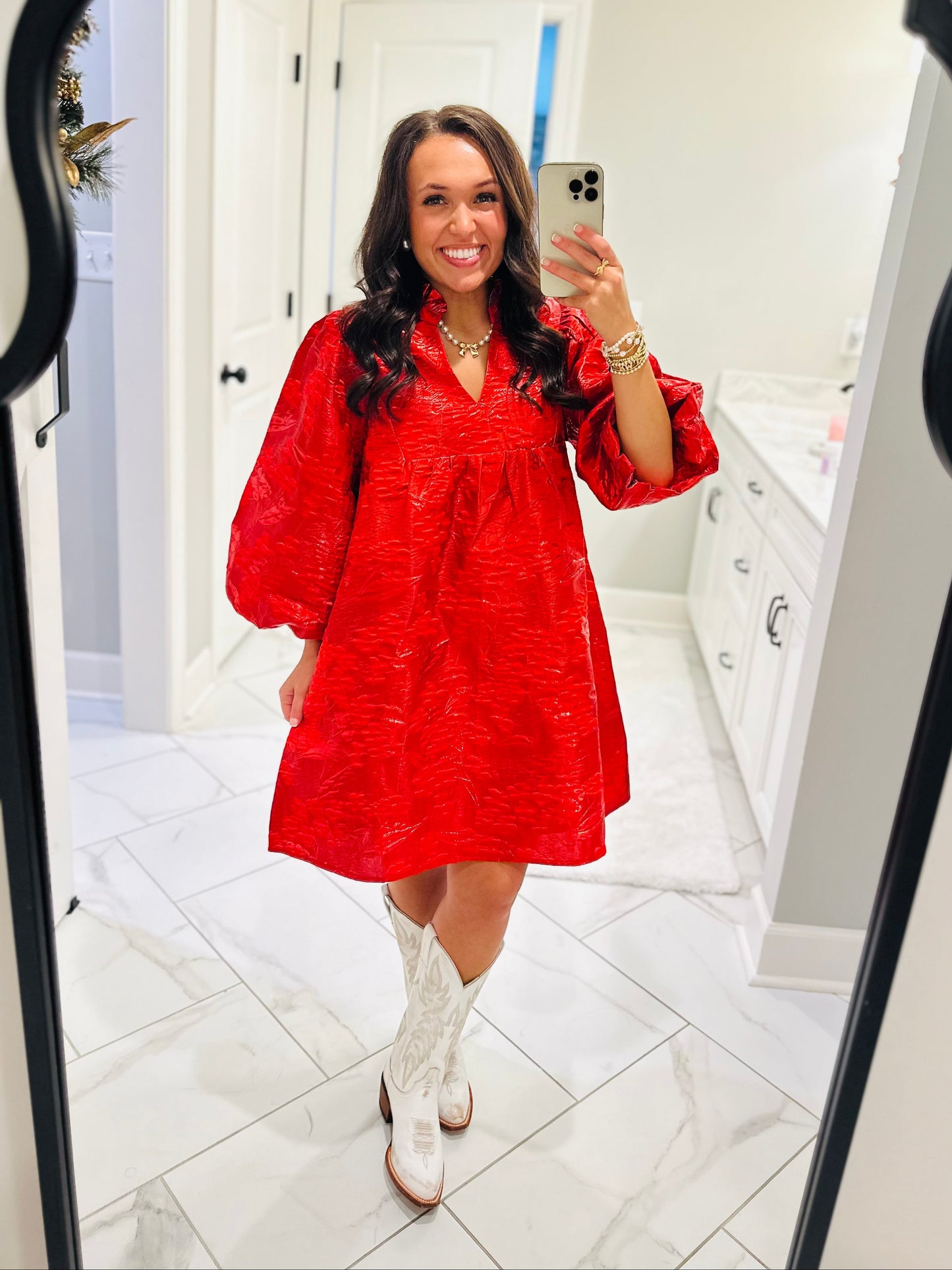 The Clara Red Jacquard Shimmer Dress