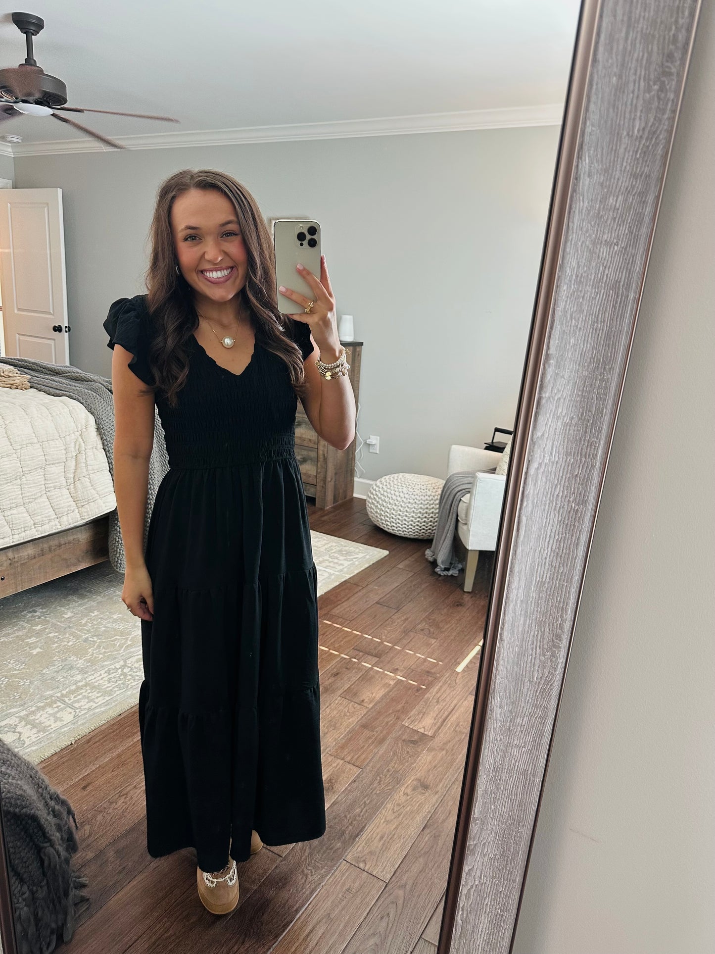 The Maple Black Flutter Sleeve Smocked Midi Dress