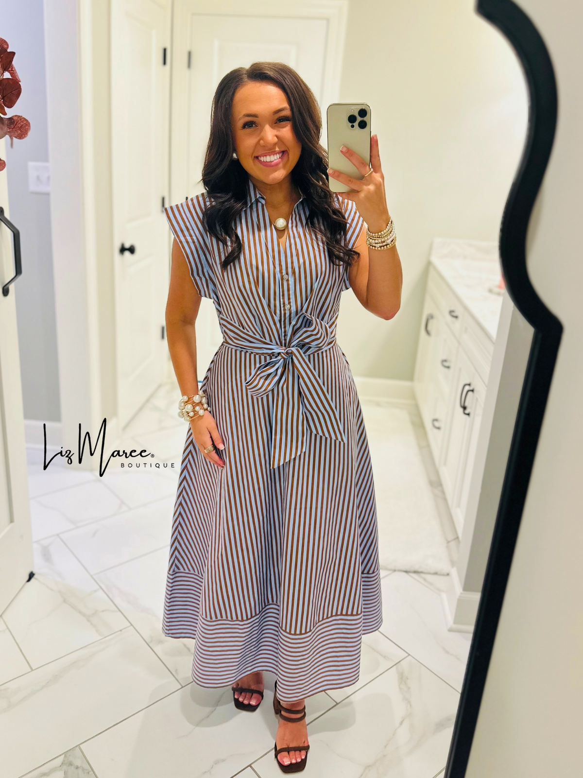 The Charity Blue + Brown Striped Midi Dress