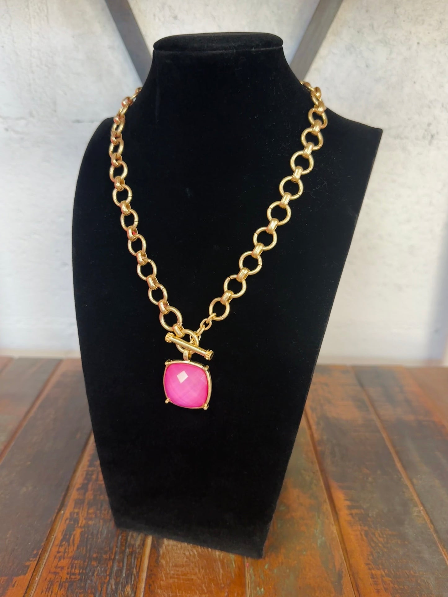 Pink Square Stone Pendant Necklace