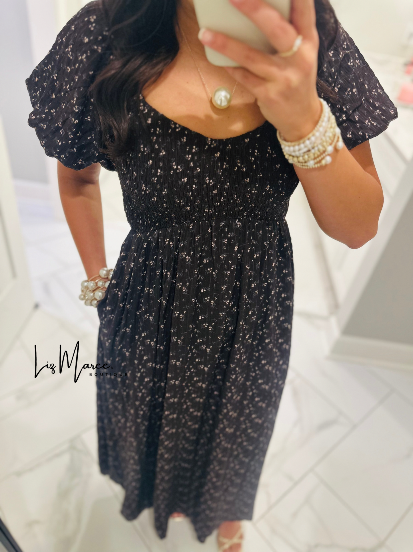 The Miley Dark Brown Ditsy Floral Smocked Maxi Dress