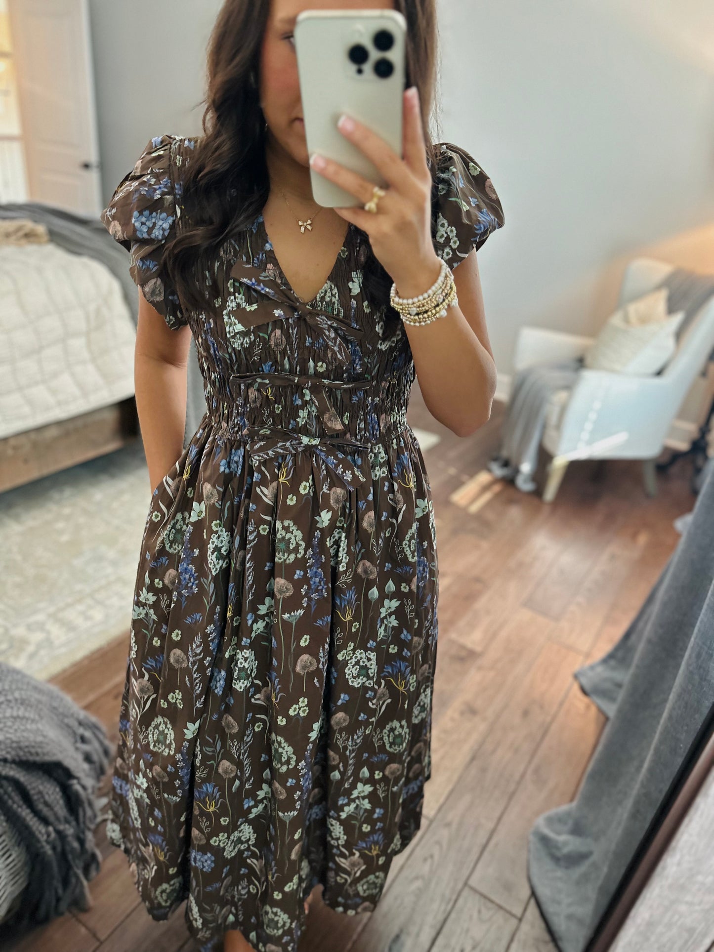 The Stella Brown Floral Bow Front Midi Dress